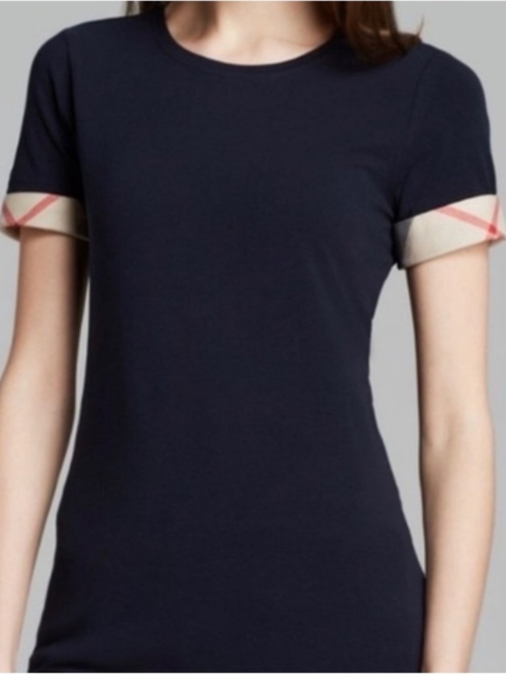 Burberry Navy Short Sleeve Tee with Beige Plaid Cuff